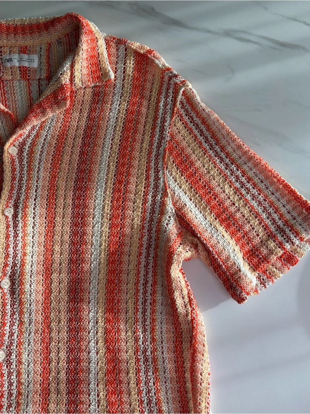 Zara Knit Short-Sleeve Striped Button-Down Resort Shirt in Coral sz L